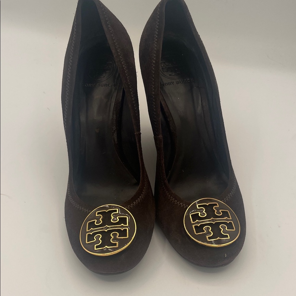 Tory Burch Dark Brown Heels with Gold Emblem- Worn Once